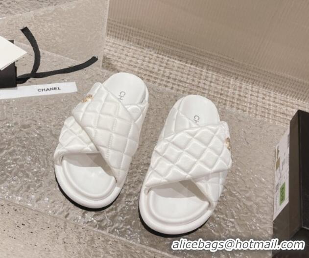 Grade Quality Chanel Quilted Nylon Slide Sandals with Cross Strap White 527014