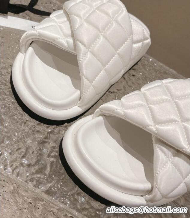 Grade Quality Chanel Quilted Nylon Slide Sandals with Cross Strap White 527014