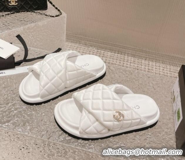 Grade Quality Chanel Quilted Nylon Slide Sandals with Cross Strap White 527014