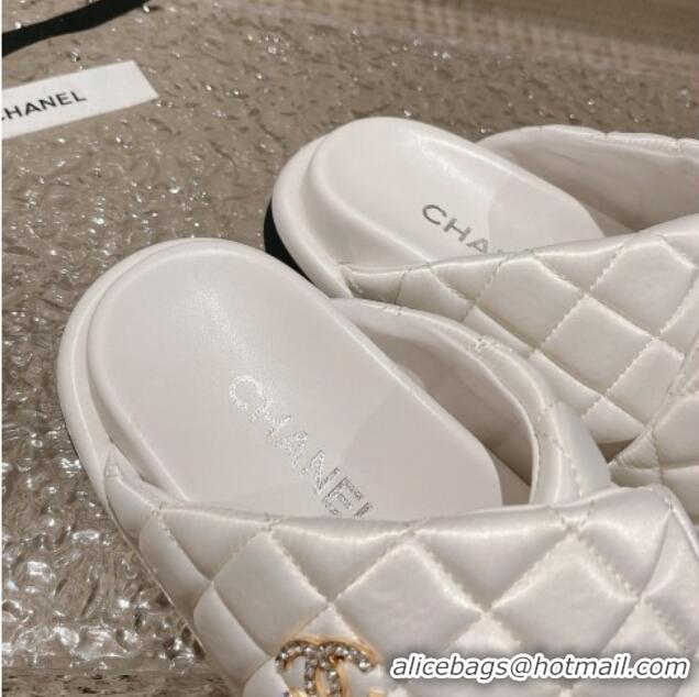 Grade Quality Chanel Quilted Nylon Slide Sandals with Cross Strap White 527014