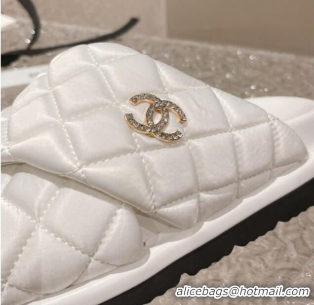 Grade Quality Chanel Quilted Nylon Slide Sandals with Cross Strap White 527014