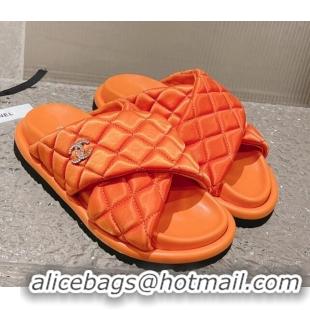 Popular Style Chanel Quilted Nylon Slide Sandals with Cross Strap Orange 527015