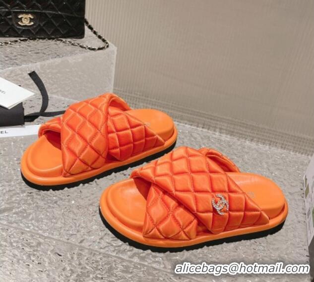 Popular Style Chanel Quilted Nylon Slide Sandals with Cross Strap Orange 527015