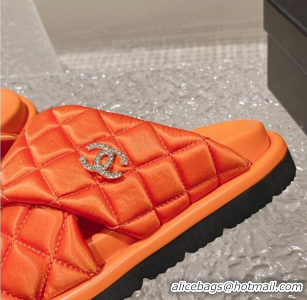 Popular Style Chanel Quilted Nylon Slide Sandals with Cross Strap Orange 527015