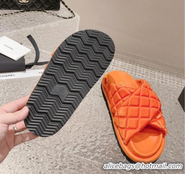 Popular Style Chanel Quilted Nylon Slide Sandals with Cross Strap Orange 527015