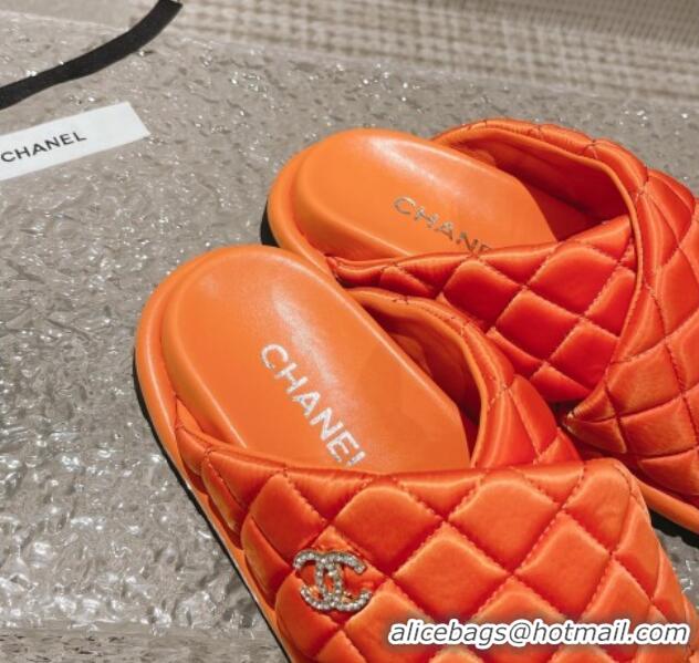 Popular Style Chanel Quilted Nylon Slide Sandals with Cross Strap Orange 527015