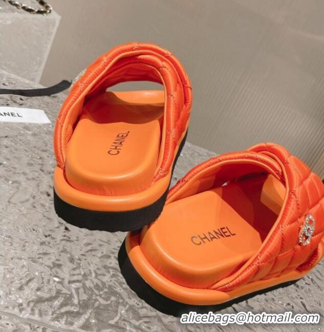 Popular Style Chanel Quilted Nylon Slide Sandals with Cross Strap Orange 527015