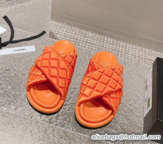 Popular Style Chanel Quilted Nylon Slide Sandals with Cross Strap Orange 527015