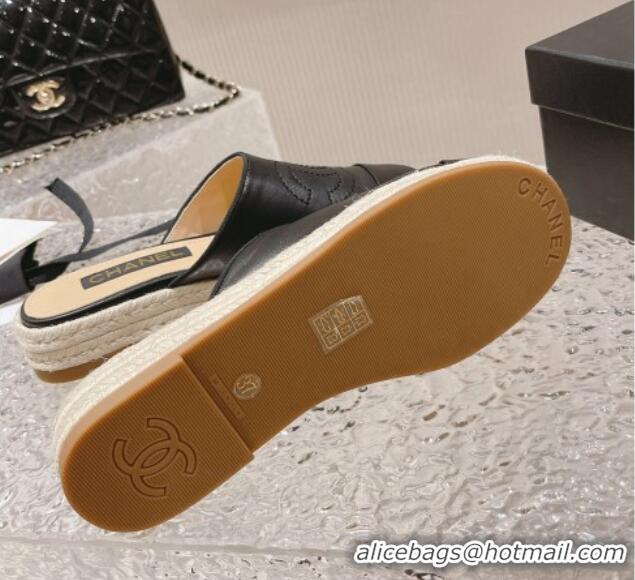 Top Grade Chanel CC Lambskin Espadrilles Mules Black 527016