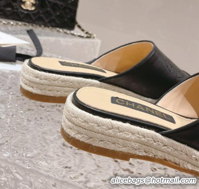 Top Grade Chanel CC Lambskin Espadrilles Mules Black 527016