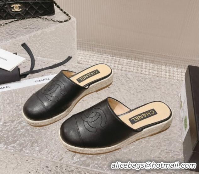 Top Grade Chanel CC Lambskin Espadrilles Mules Black 527016