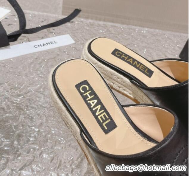 Top Grade Chanel CC Lambskin Espadrilles Mules Black 527016