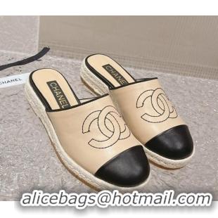 Good Looking Chanel CC Lambskin Espadrilles Mules Beige 527017