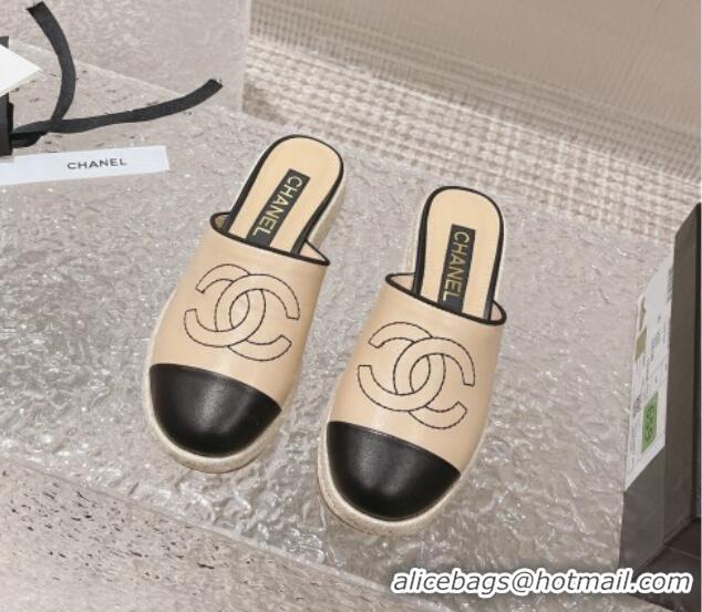 Good Looking Chanel CC Lambskin Espadrilles Mules Beige 527017