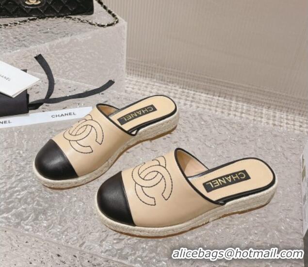 Good Looking Chanel CC Lambskin Espadrilles Mules Beige 527017