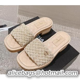 Best Price Chanel Pearl Heel Slide Sandals 3cm Beige 527019