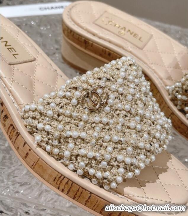 Best Price Chanel Pearl Heel Slide Sandals 3cm Beige 527019