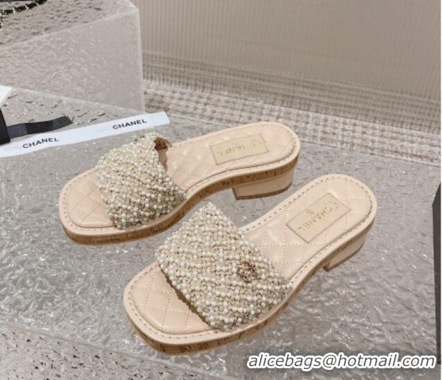 Best Price Chanel Pearl Heel Slide Sandals 3cm Beige 527019