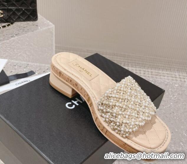 Best Price Chanel Pearl Heel Slide Sandals 3cm Beige 527019