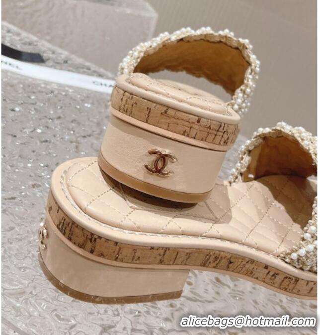 Best Price Chanel Pearl Heel Slide Sandals 3cm Beige 527019