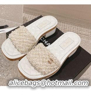 Good Quality Chanel Pearl Heel Slide Sandals 3cm White 527020