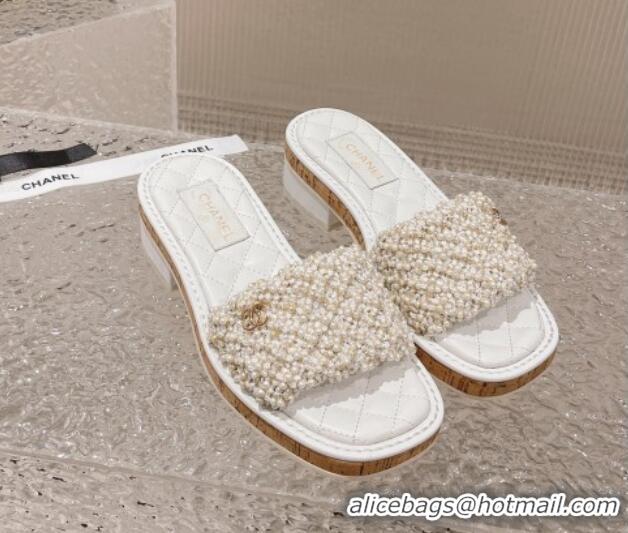 Good Quality Chanel Pearl Heel Slide Sandals 3cm White 527020