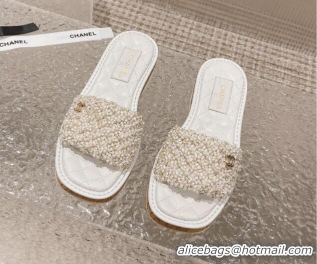 Good Quality Chanel Pearl Heel Slide Sandals 3cm White 527020