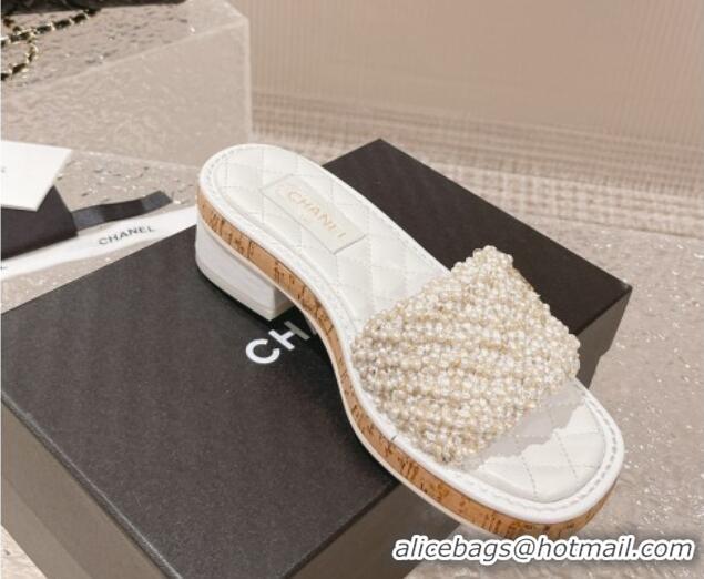 Good Quality Chanel Pearl Heel Slide Sandals 3cm White 527020