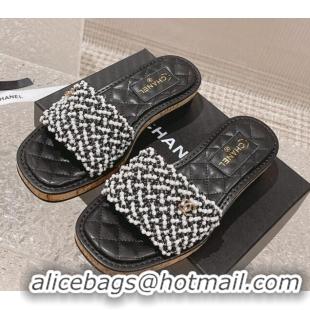 Top Design Chanel Pearl Heel Slide Sandals 3cm Black 527021