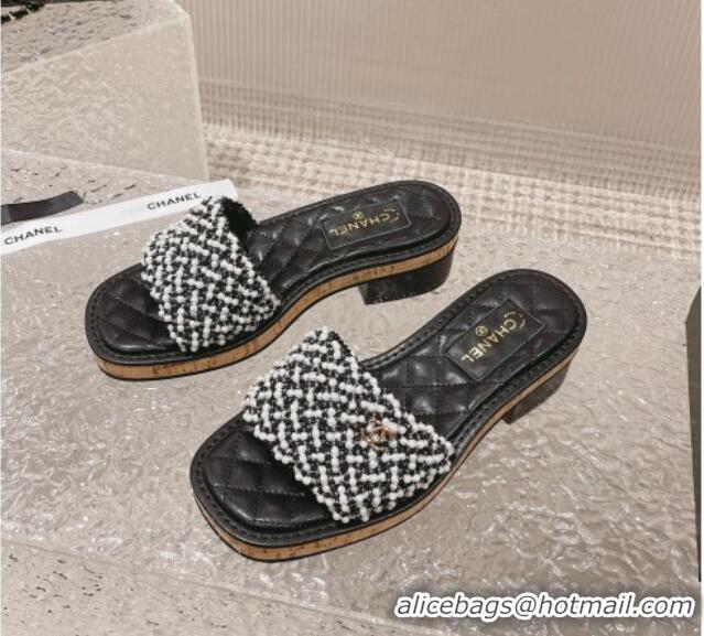 Top Design Chanel Pearl Heel Slide Sandals 3cm Black 527021