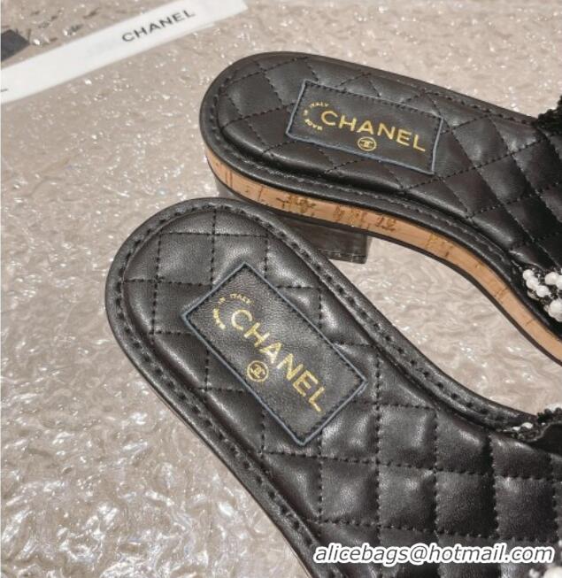 Top Design Chanel Pearl Heel Slide Sandals 3cm Black 527021