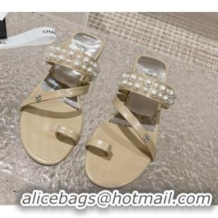 Best Product Chanel Calfskin Pearl Flat Slide Sandals Beige 527022