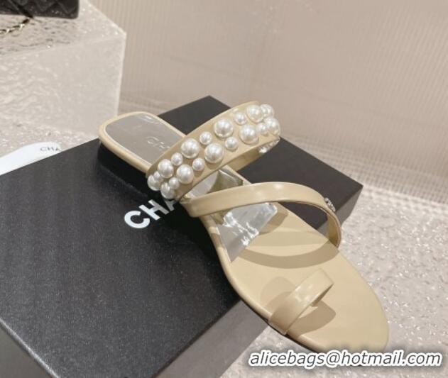 Best Product Chanel Calfskin Pearl Flat Slide Sandals Beige 527022