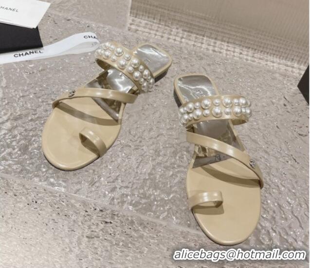 Best Product Chanel Calfskin Pearl Flat Slide Sandals Beige 527022