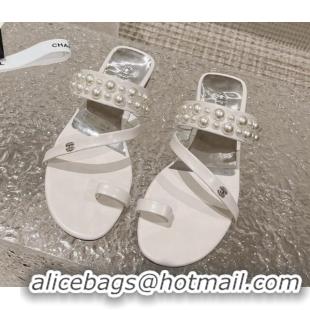 Stylish Chanel Calfskin Pearl Flat Slide Sandals White 527023