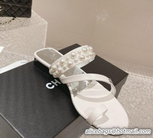 Stylish Chanel Calfskin Pearl Flat Slide Sandals White 527023