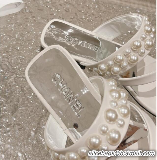 Stylish Chanel Calfskin Pearl Flat Slide Sandals White 527023