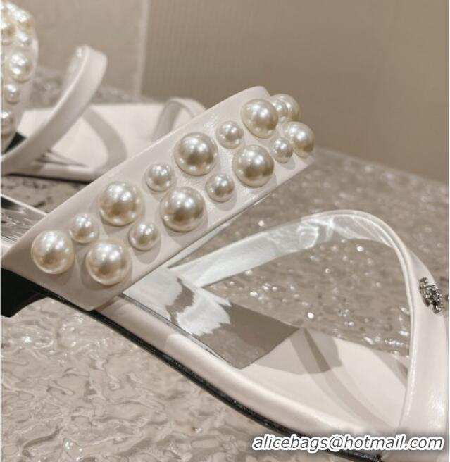 Stylish Chanel Calfskin Pearl Flat Slide Sandals White 527023