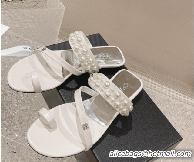 Stylish Chanel Calfskin Pearl Flat Slide Sandals White 527023