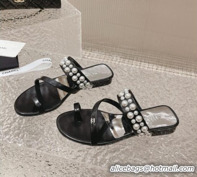 Purchase Chanel Calfskin Pearl Flat Slide Sandals Black 527024