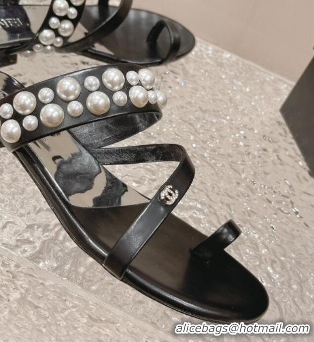 Purchase Chanel Calfskin Pearl Flat Slide Sandals Black 527024