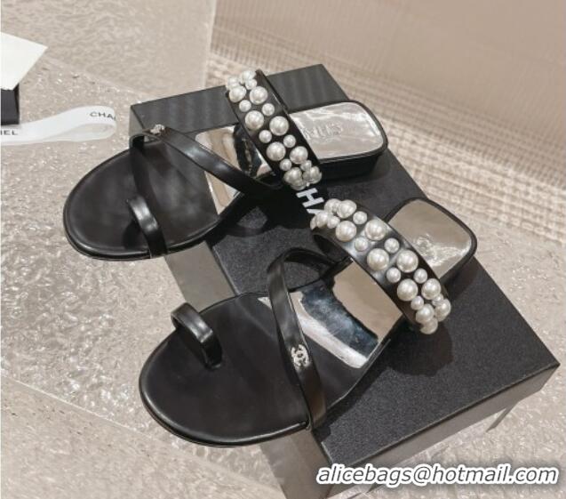 Purchase Chanel Calfskin Pearl Flat Slide Sandals Black 527024