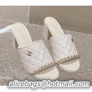 Low Price Chanel Quilted Lambskin Heel Slide Sandals 7cm White 527028