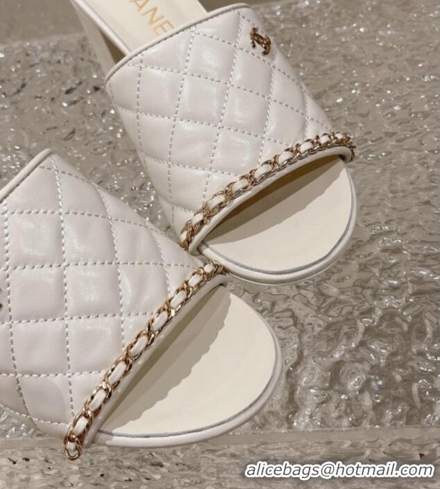 Low Price Chanel Quilted Lambskin Heel Slide Sandals 7cm White 527028