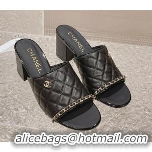 Sumptuous Chanel Quilted Lambskin Heel Slide Sandals 7cm Black 527029