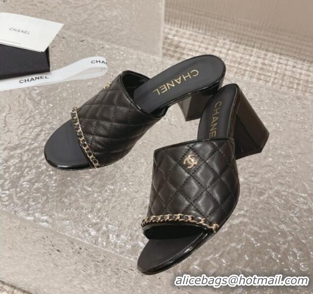 Sumptuous Chanel Quilted Lambskin Heel Slide Sandals 7cm Black 527029