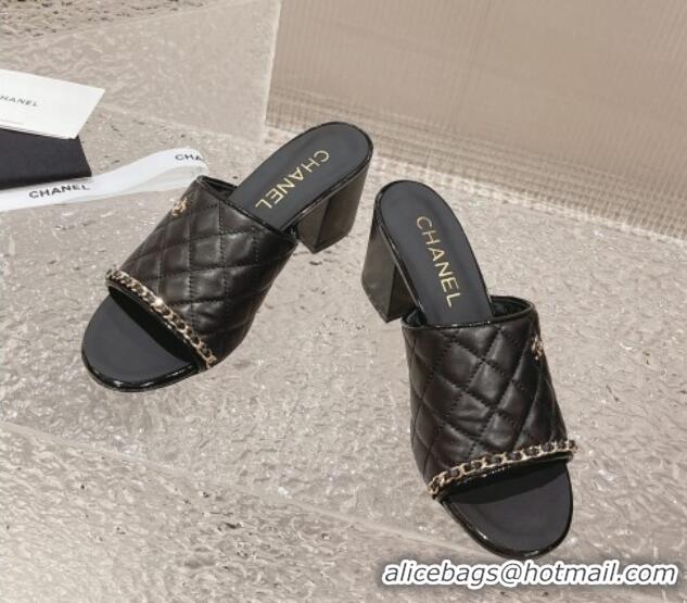 Sumptuous Chanel Quilted Lambskin Heel Slide Sandals 7cm Black 527029