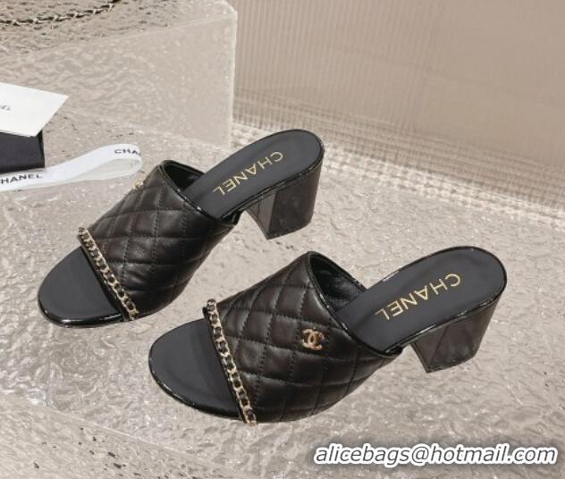 Sumptuous Chanel Quilted Lambskin Heel Slide Sandals 7cm Black 527029