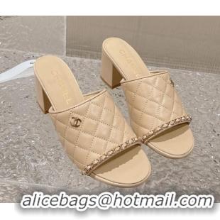 Best Grade Chanel Quilted Lambskin Heel Slide Sandals 7cm Beige 527030