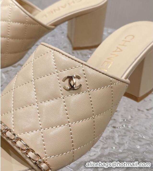 Best Grade Chanel Quilted Lambskin Heel Slide Sandals 7cm Beige 527030